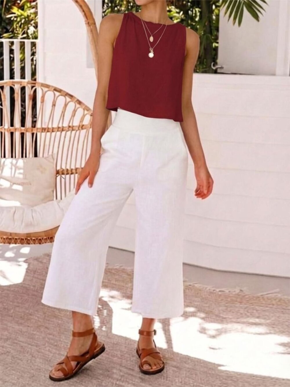〽️Women's Cherry Red Button Linen Summer Beach Sleeveless Imported Tank Top